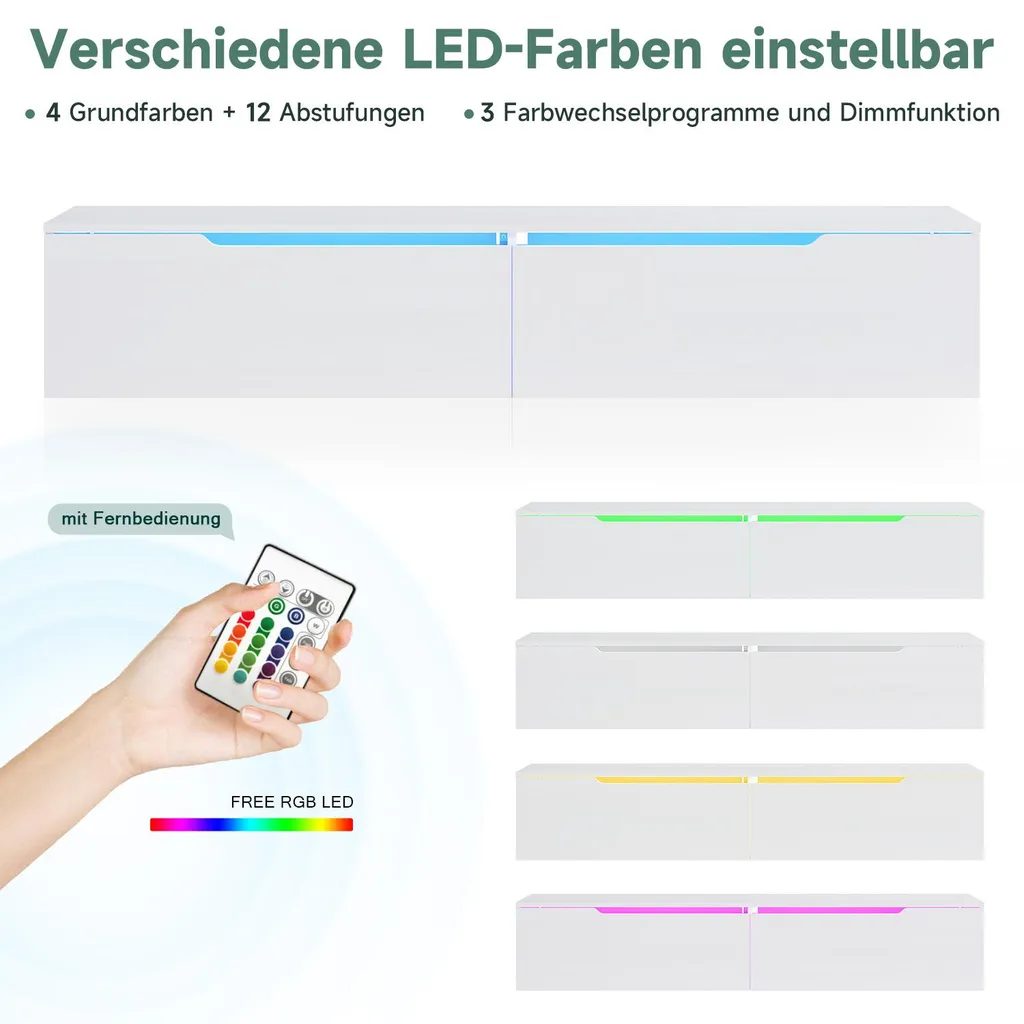 Meuble TV Suspendu Blanc Brillant LED SONNI 160 cm - Rangement Mural - 6