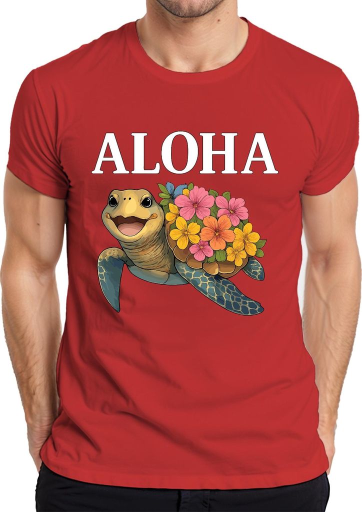 ALOHA Meeresschildkröte mit Blumen Hawaii Tropisch Sommer Strand Herren T-Shirt, Rot, 3XL