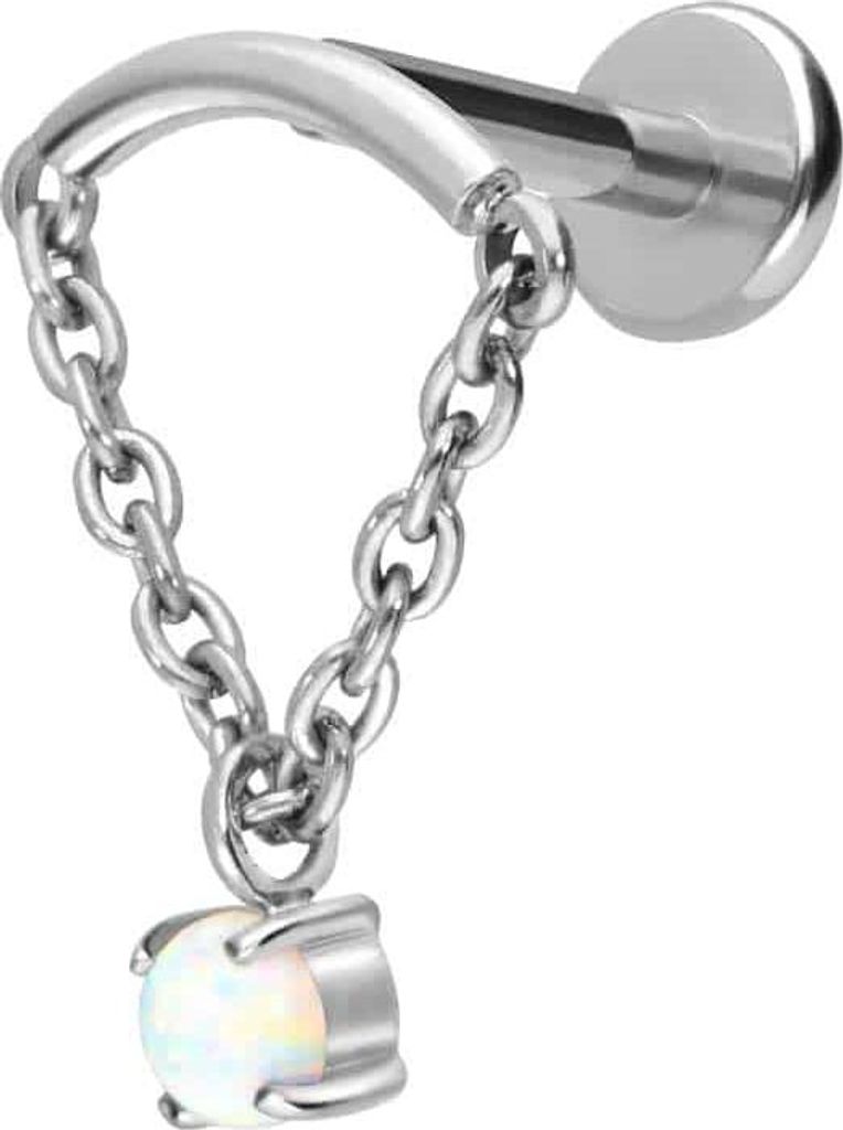 Ohrpiercing, Nasenpiercing Titan Labret mit Push Fit BOGEN + KETTE + SYNTHETISCHER OPAL Silber Stablänge: 10mm | Stabstärke: 1,2mm