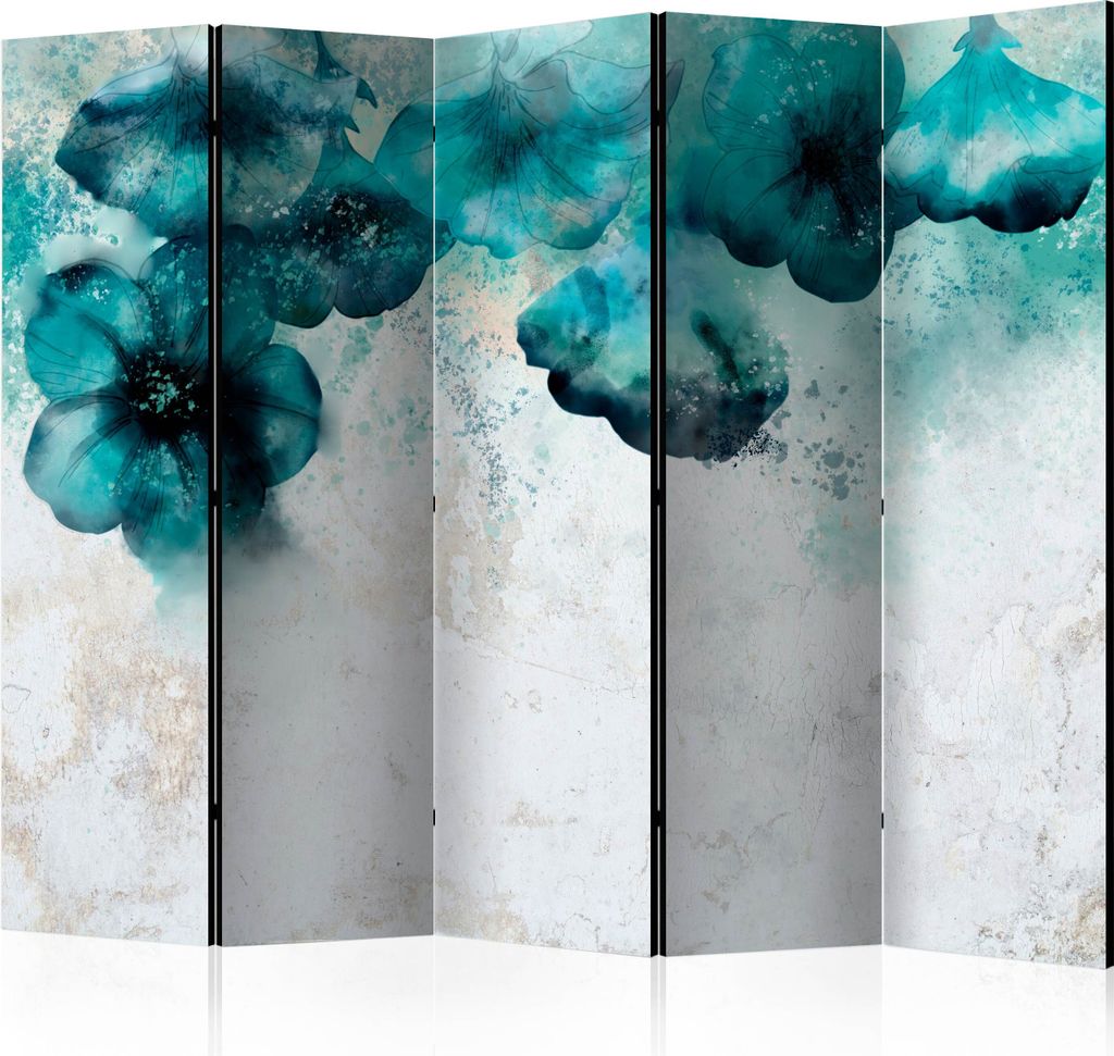 Neuheit! Dekorativer Paravent Raumteiler Trennwand Foto-Paravent Spanische Wand XXL BLAUE BLUMEN BETON OPTIK 225x172 cm b-A-0771-z-c