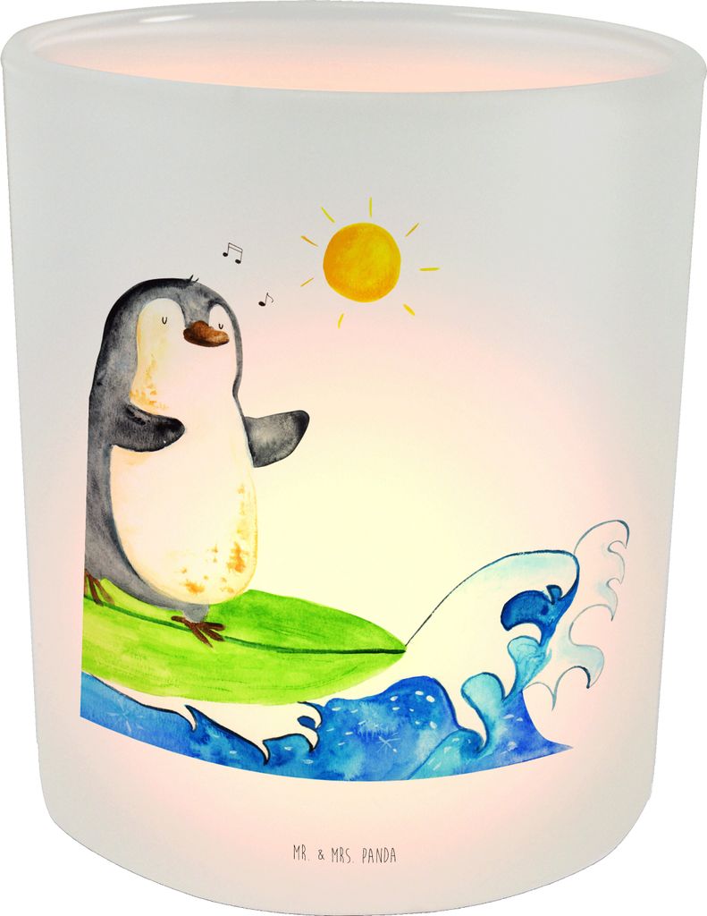 Mr. & Mrs. Panda Windlicht aus Glas Pinguin Surfer - Transparent - Geschenk, Portugal, Kerzenhalter, Optimistisch, Teelichthalter, Motiviert, Urlau...