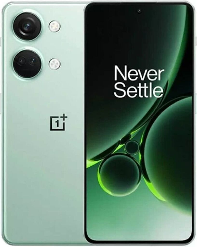 A light green OnePlus Nord 3 5G smartphone is shown from the front and back, with the screen displaying the "Never Settle" slogan and abstract green graphics.