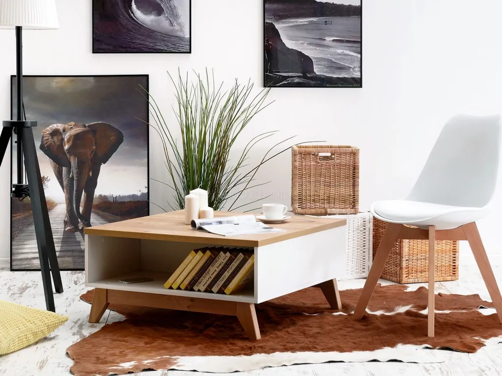 Table basse HENDA avec plateau chêne et structure blanche 100x60 cm