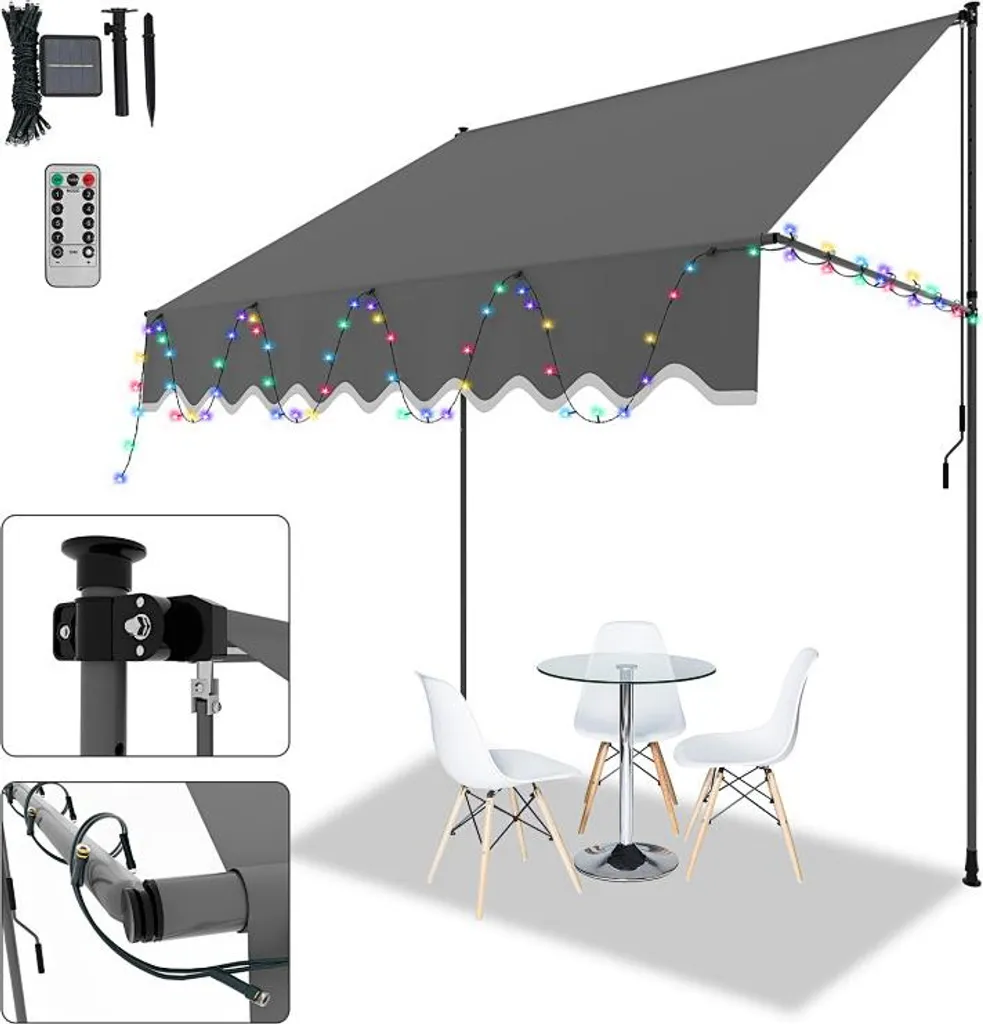 Tenda da sole Izrielar con LED 200x120 cm Tenda da sole per balcone, resistente ai raggi UV 50+ regolabile in altezza Protezione solare senza forature per terrazze e balconi Grigio