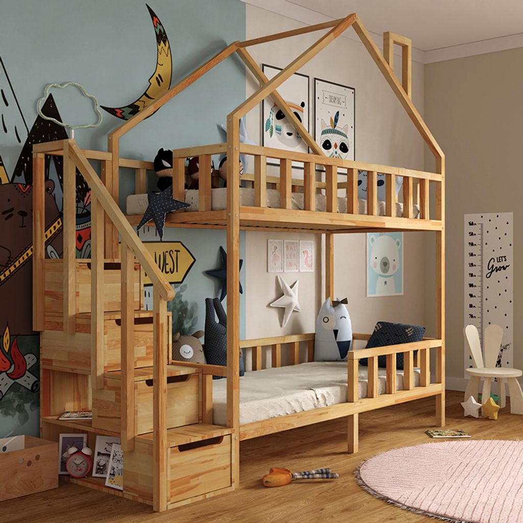 Etagenbett Hausbett mit Treppe, seitlicher Einstieg NIKOLA naturbelassen 200x90 cm