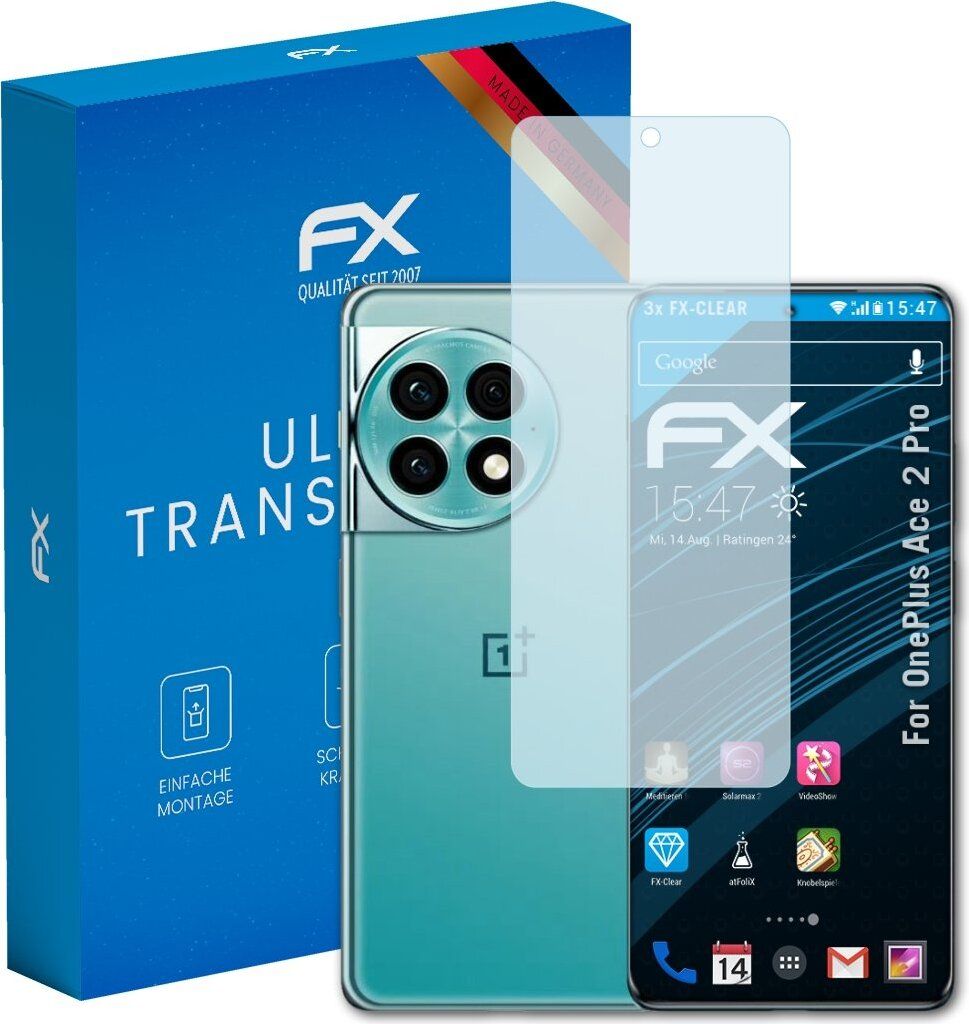 atFoliX FX-Clear 3x Schutzfolie kompatibel mit OnePlus Ace 2 Pro Displayschutzfolie