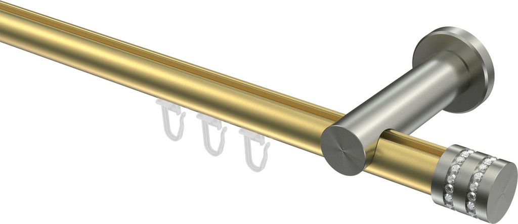 Interdeco Innenlaufstange / Gardinenstange mit Innenlauf Messing-Optik / Edelstahl-Optik, Typ Platon Estana (Glitzerkappe), 20 mm Ø 1-läufig, 360 cm