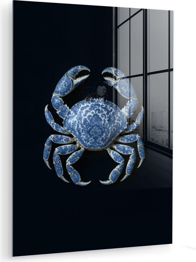 MuchoWow Glasbilder - Bilder auf Wandbild - Foto auf Glas Krabbe - Delfter Blau - Tiere 60x80 cm Wanddekoration aus Glas - Acrylglasbild - Acrylbil...