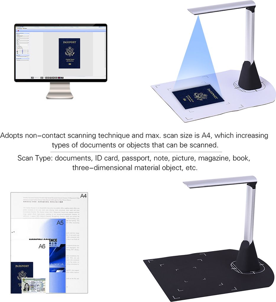 Tragbarer Hochgeschwindigkeits-USB-Buch-Bild-Dokumenten-Kamera-Scanner 5 Megapixel HD High-Definition Max. A4-Scangröße mit OCR-Funktion LED-Lich...