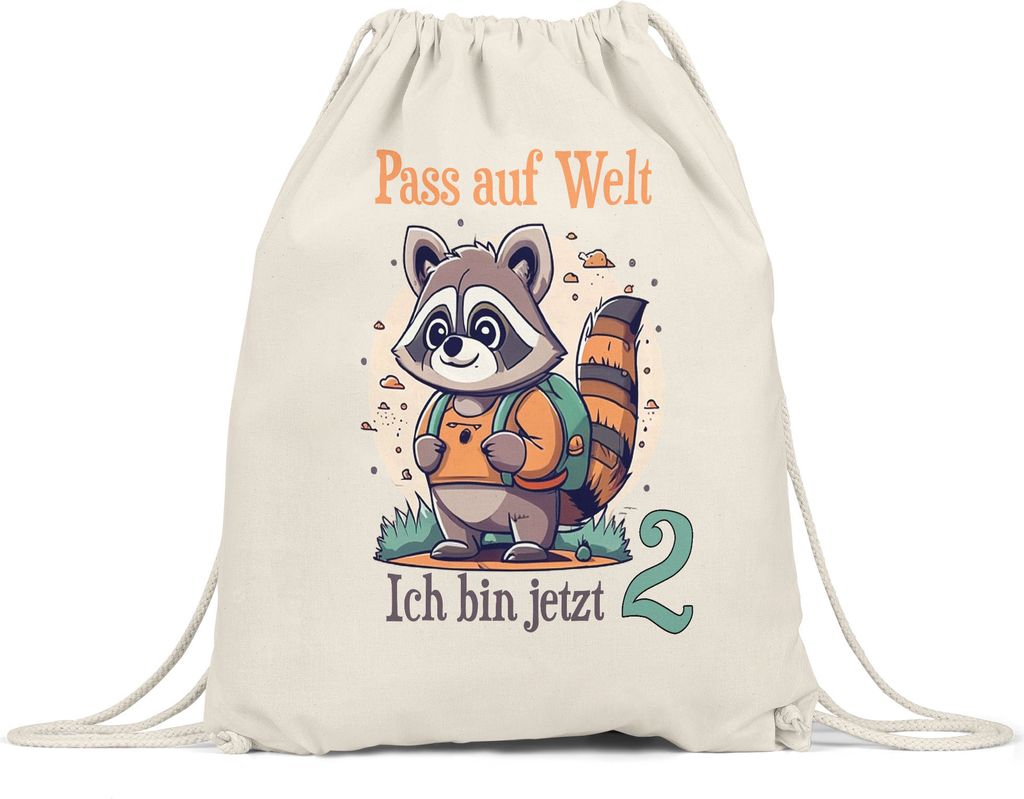 Pass auf Welt ich bin 2 Turnbeutel Geburtstag Jungs Waschbär Deko