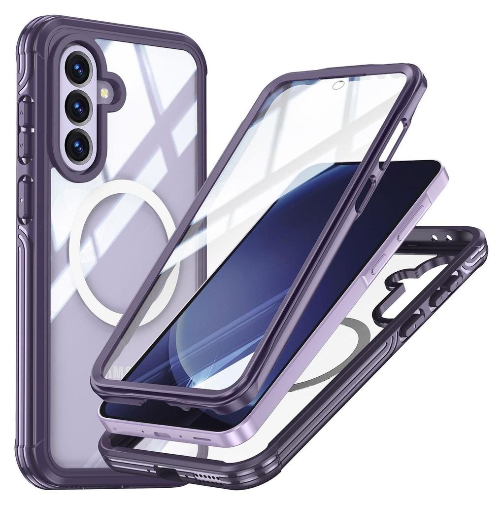 A disassembled phone case with a phone inside, shown against a white background.