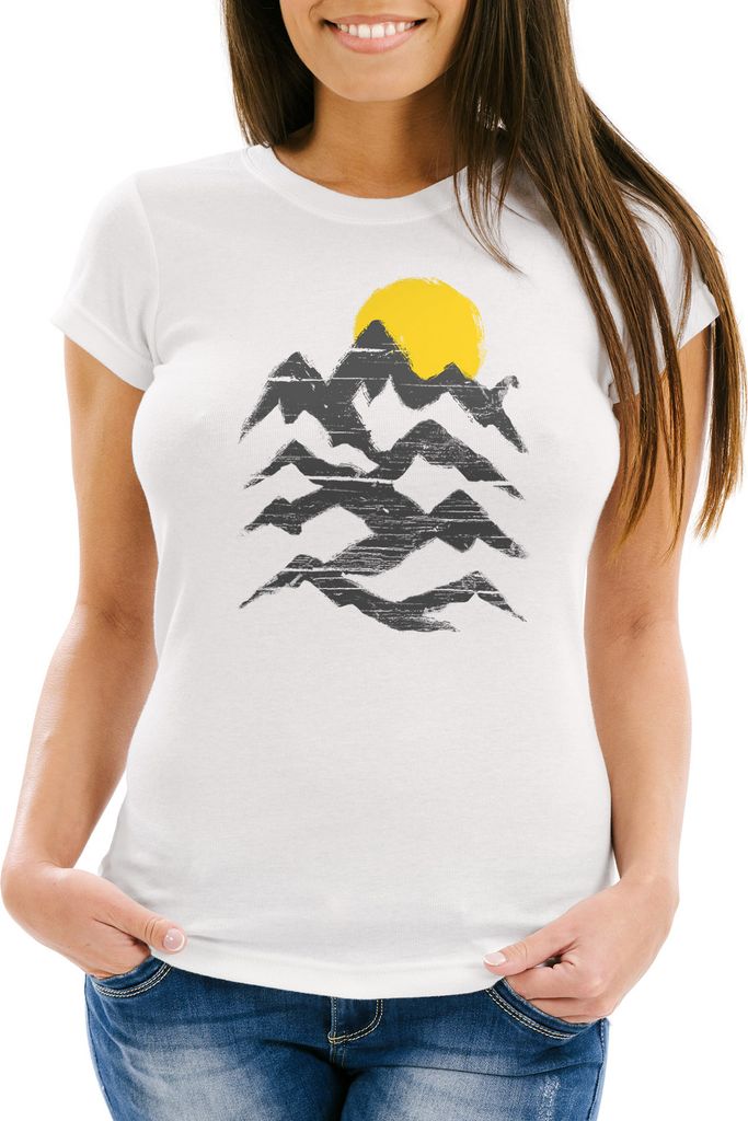 Wandern Damen T-Shirt Berge Sonnenaufgang Moonworks weiß L