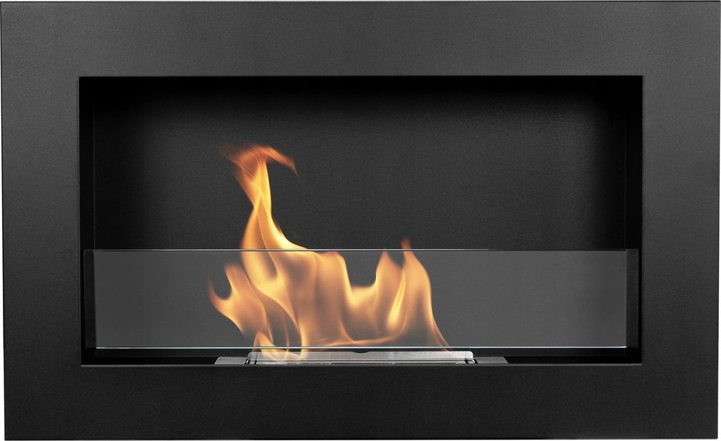 A close-up view of a black, wall-mounted bioethanol fireplace with a flame burning behind a glass panel.