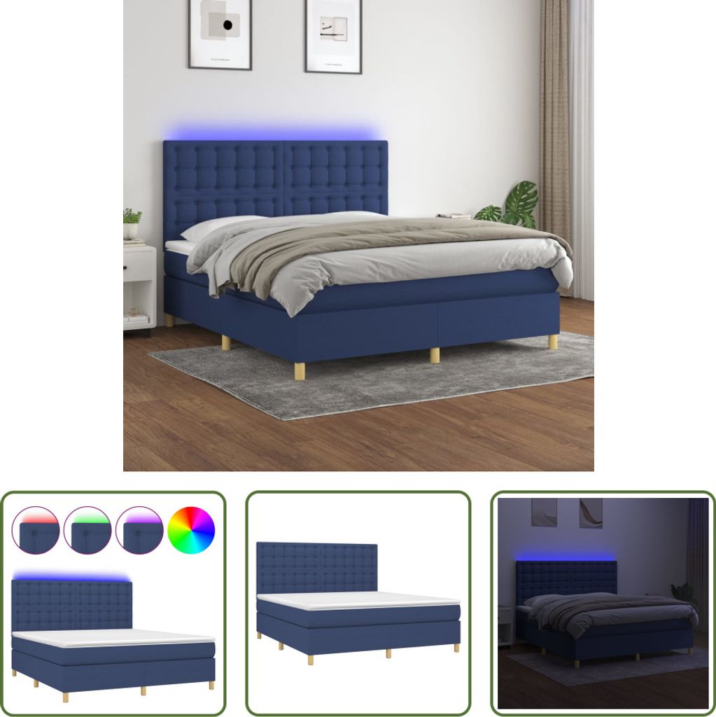 The Living Store Boxspringbett mit Matratze & LED Blau 180x200 cm Stoff