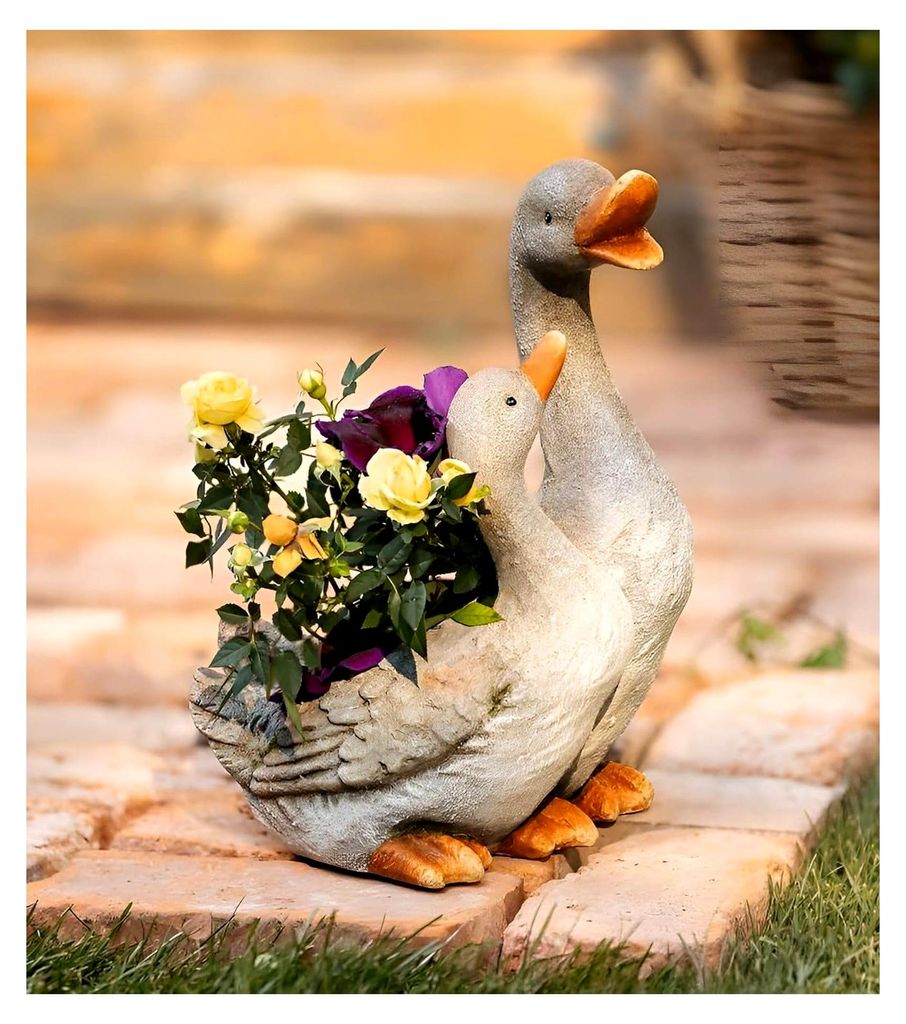Pflanzer Gänsepaar aus Polyresin, wetterfest, Pflanztopf, Outdoor Blumentopf, Pflanzgefäß, Gartendeko für Außen