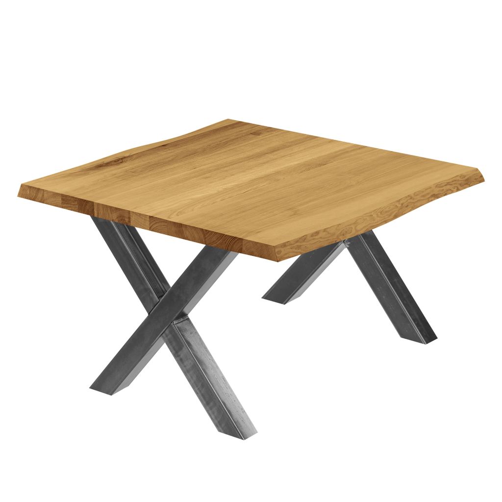 LAMO Manufaktur Esstisch Küchentisch Schreibtisch Couchtisch aus Massivholz, mit Baumkante 60x60x47 cm (AxBxH), Design, Rustikal / Rohstahl mit Kl...