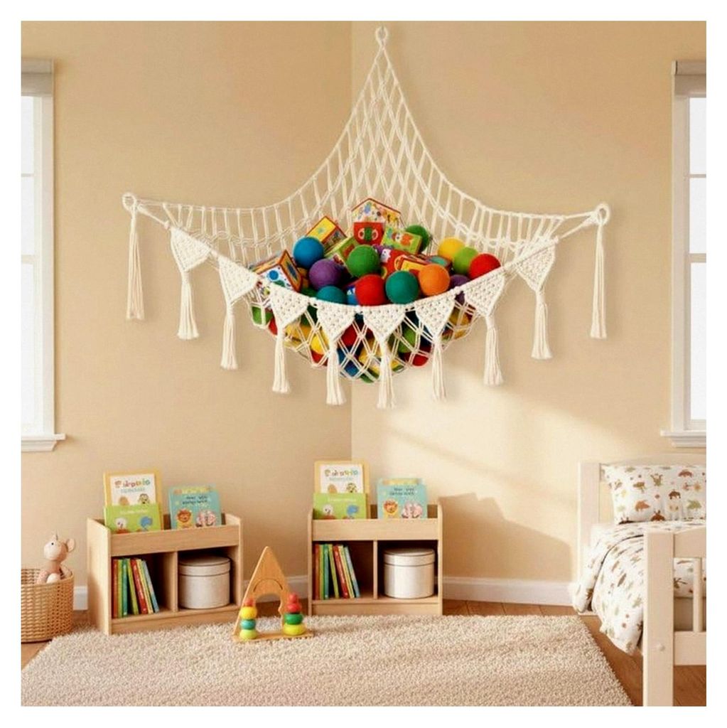Aufbewahrung für Kuscheltiere, Makramee Hängematte für Spielzeug, Netz zur Lagerung im Kinderzimmer, Hängender Organizer für Spielzeug, Ecklag...