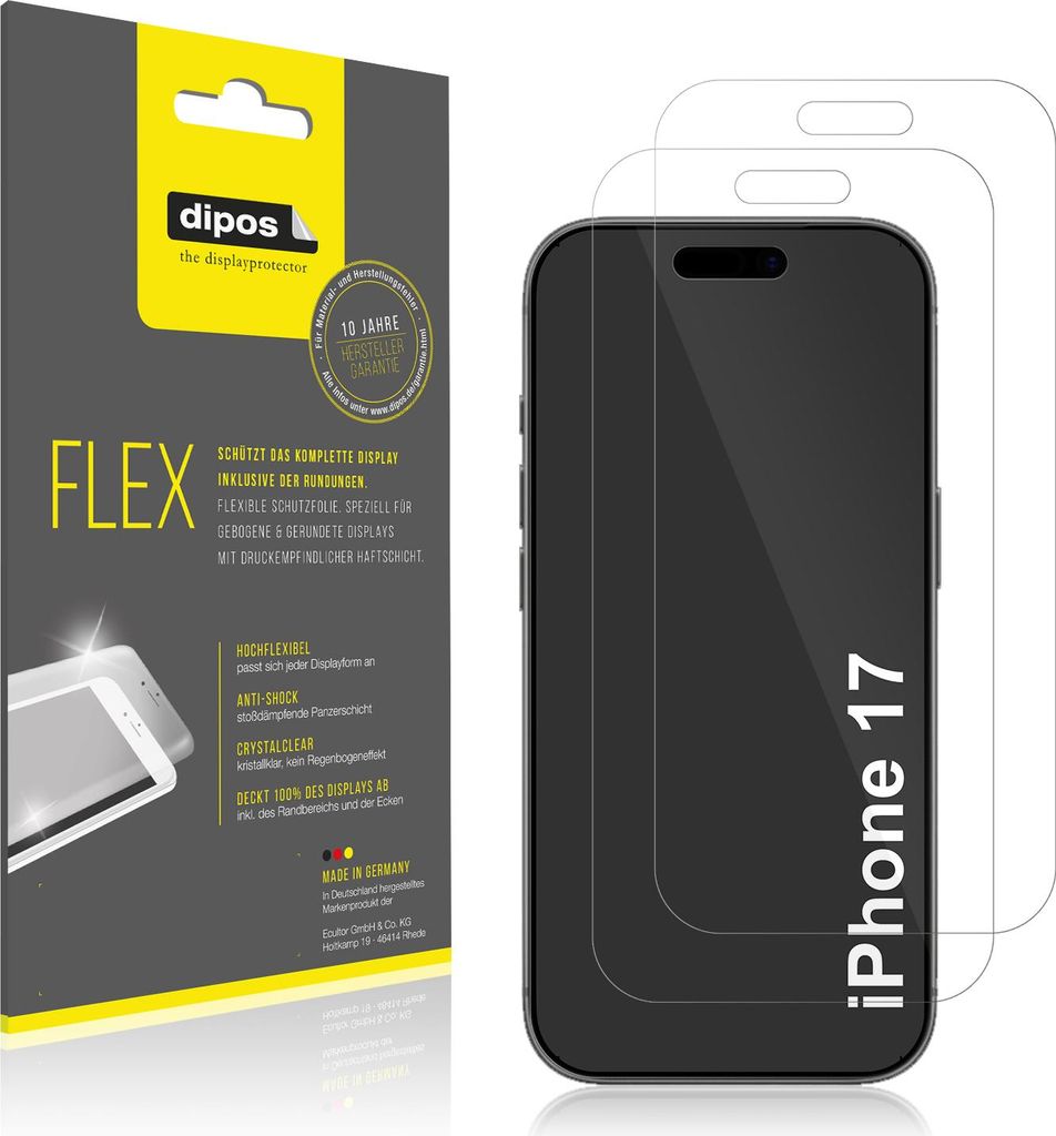2x Schutzfolie für Apple iPhone 17 Folie, 100% Displayabdeckung, dipos Flex