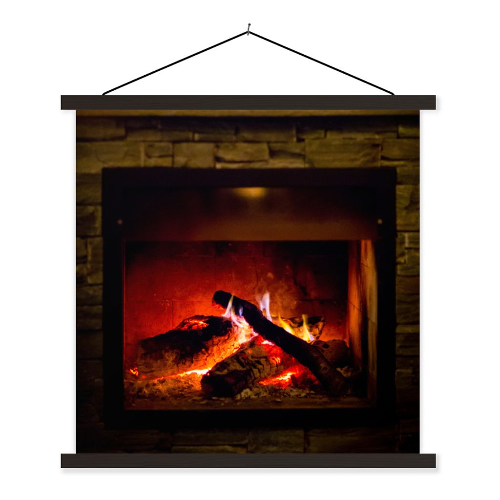 MuchoWow Textilposter Feuerstelle mit rotem Licht 90x90 cm mit schwarzem Rahmen - Magnetisches