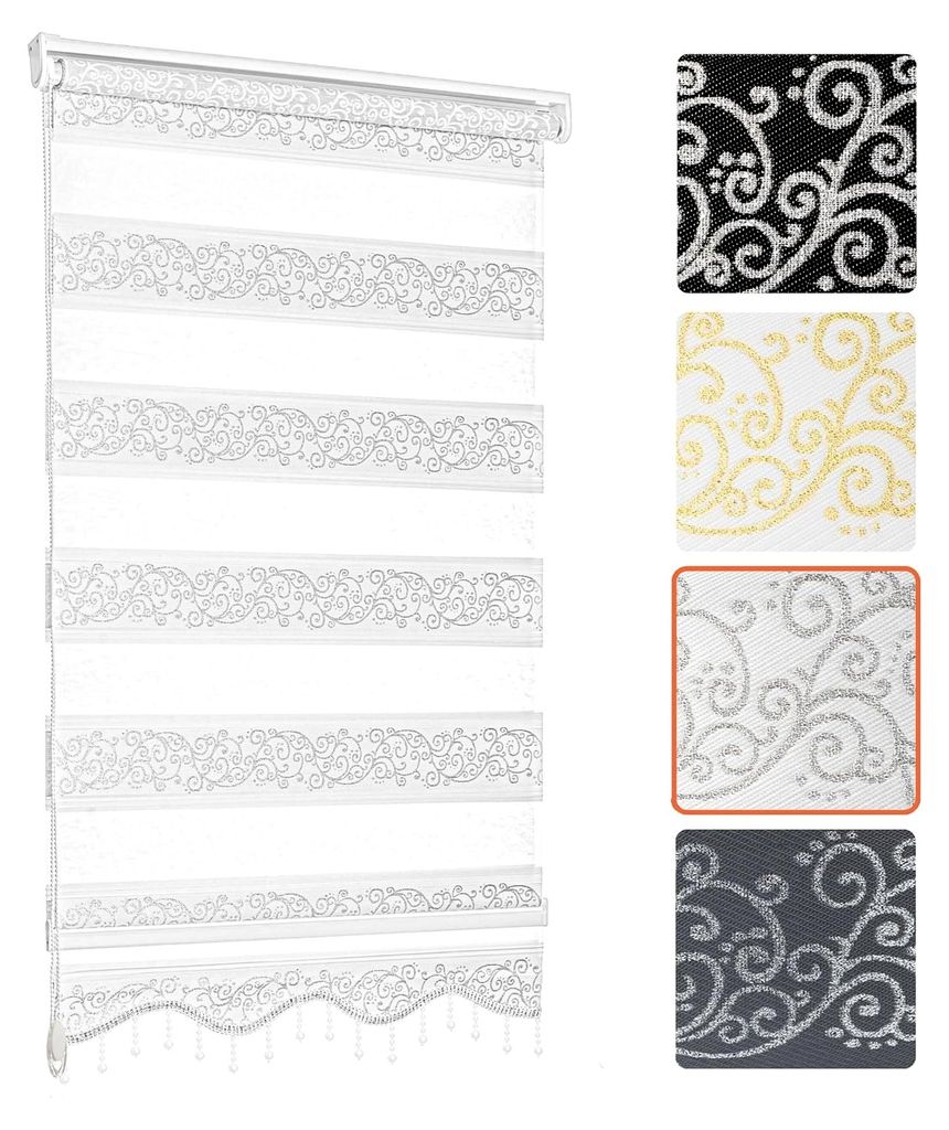 Doppelrollo Klemmfix ohne Bohren - 4in1 Duo Rollo mit Muster in Weiß und Silber, 110x200cm - Ranken- und Blumenmotiv mit Perlen - Gardinenrollos f...