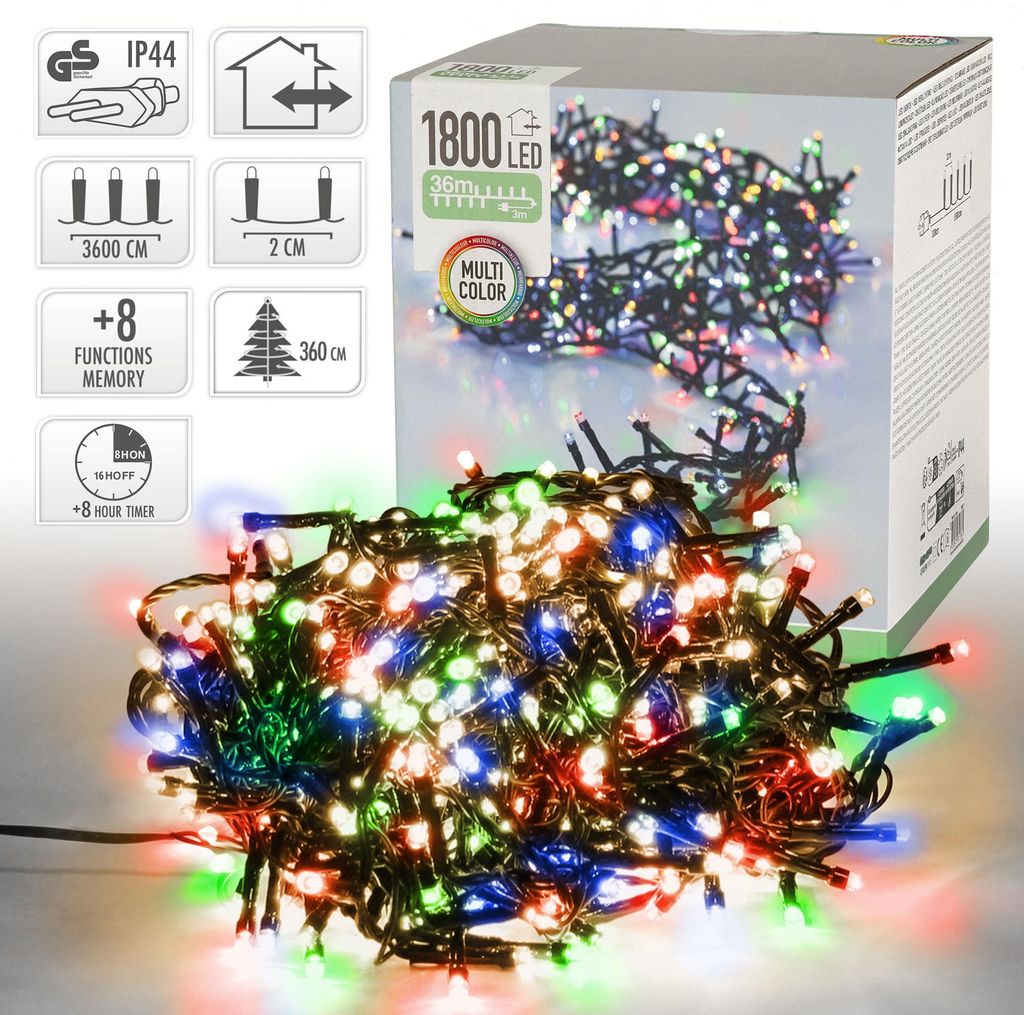 ECD Germany LED Cluster Lichterkette Bunt, 36m, 1800 LEDs Multifunktion 8 Modi mit Timer Weihnachtsbeleuchtung für Innen und Außen IP44 Weihnacht...