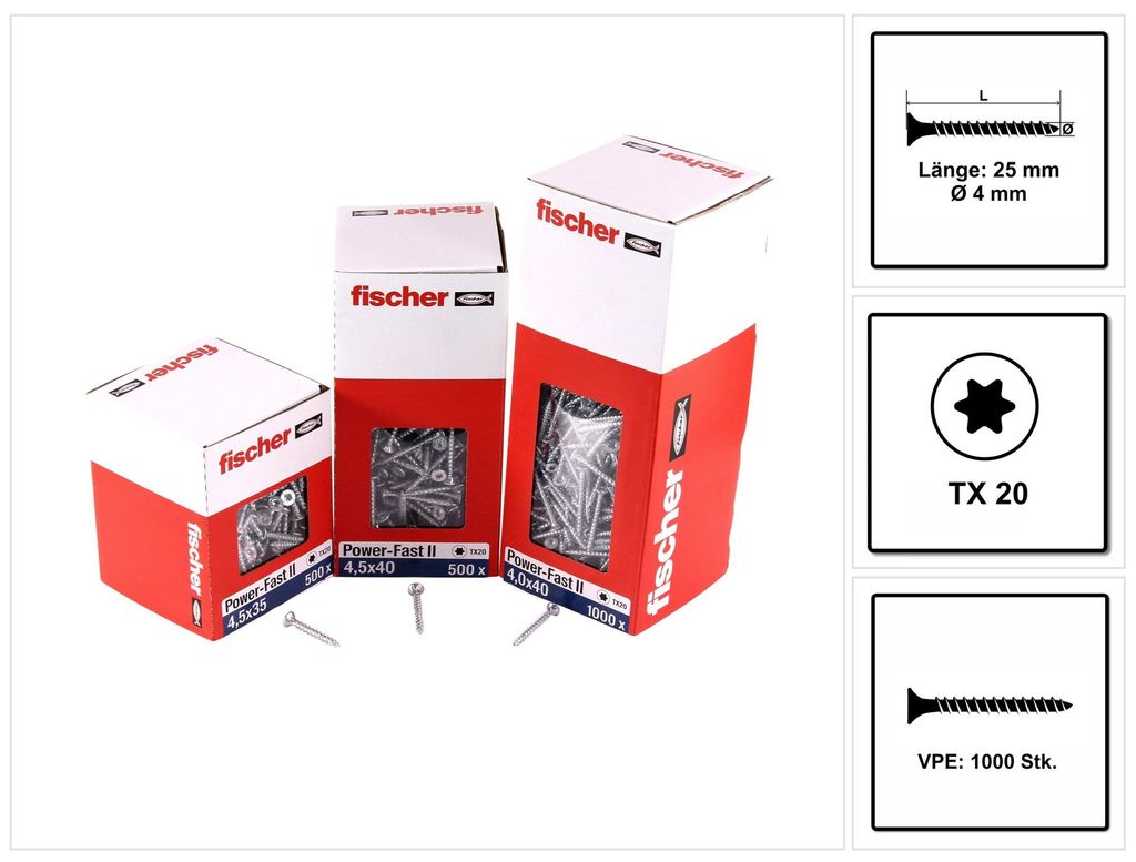Fischer Power-Fast II FPF II Spanplattenschraube 4,0x25 mm 1000 Stück ( 670624 ) Senkkopf mit Torx Vollgewinde galvanisch verzinkt, blau passiviert