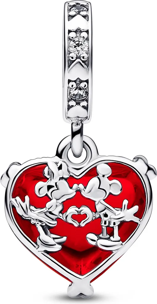 Charm Disney Baiser Mickey Minnie en Verre de Murano Rouge et Argent Massif 925