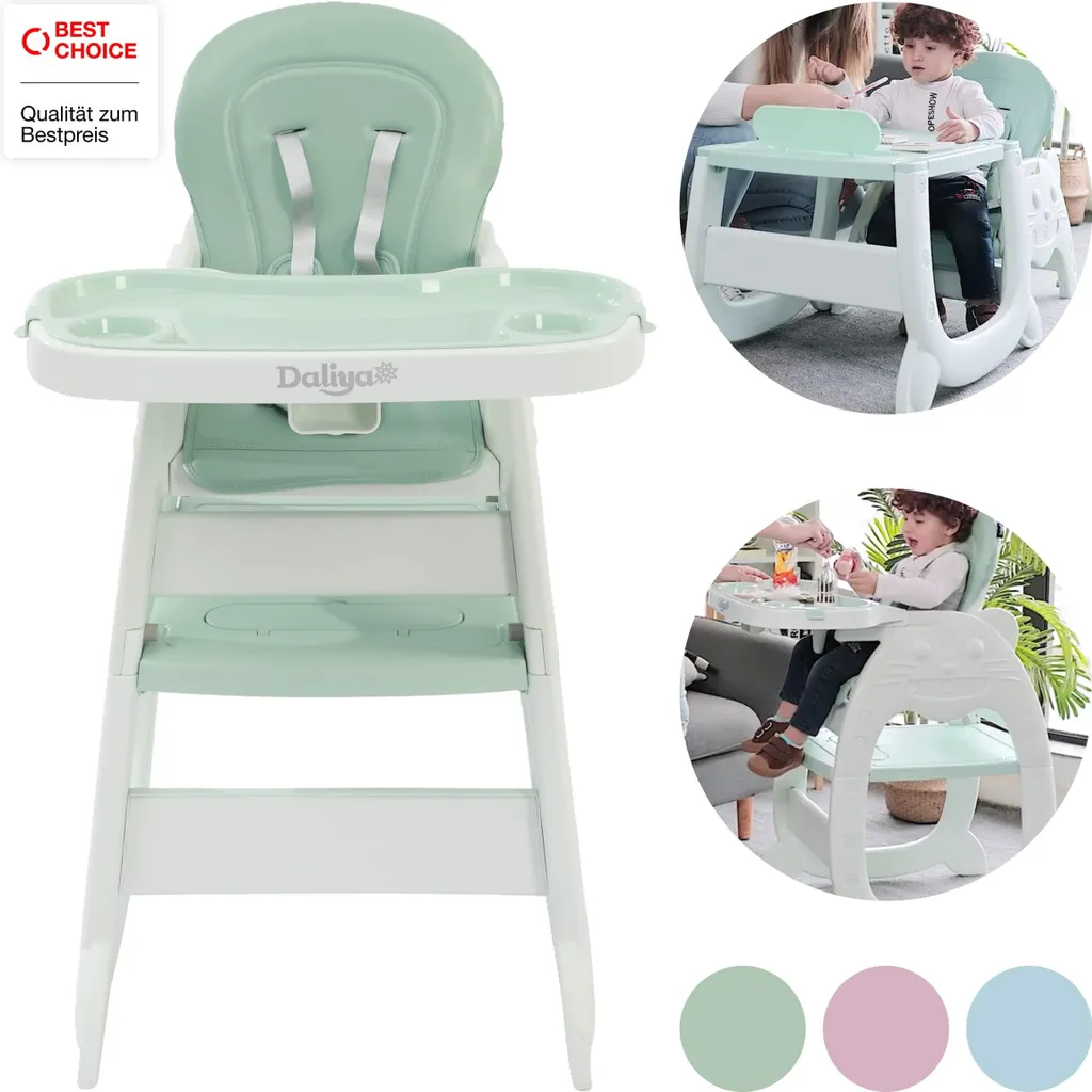 Chaise haute 4 en 1 harnais 5 points et tablette d'apprentissage - Vert