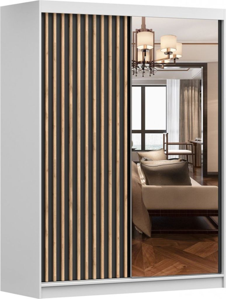 Kleiderschrank mit Lamellen und Spiegel Schwebetürenschrank 2-türig Schrank mit Einlegeböden und Kleiderstange Schiebtüren Schlafzimmer Wohnzim...