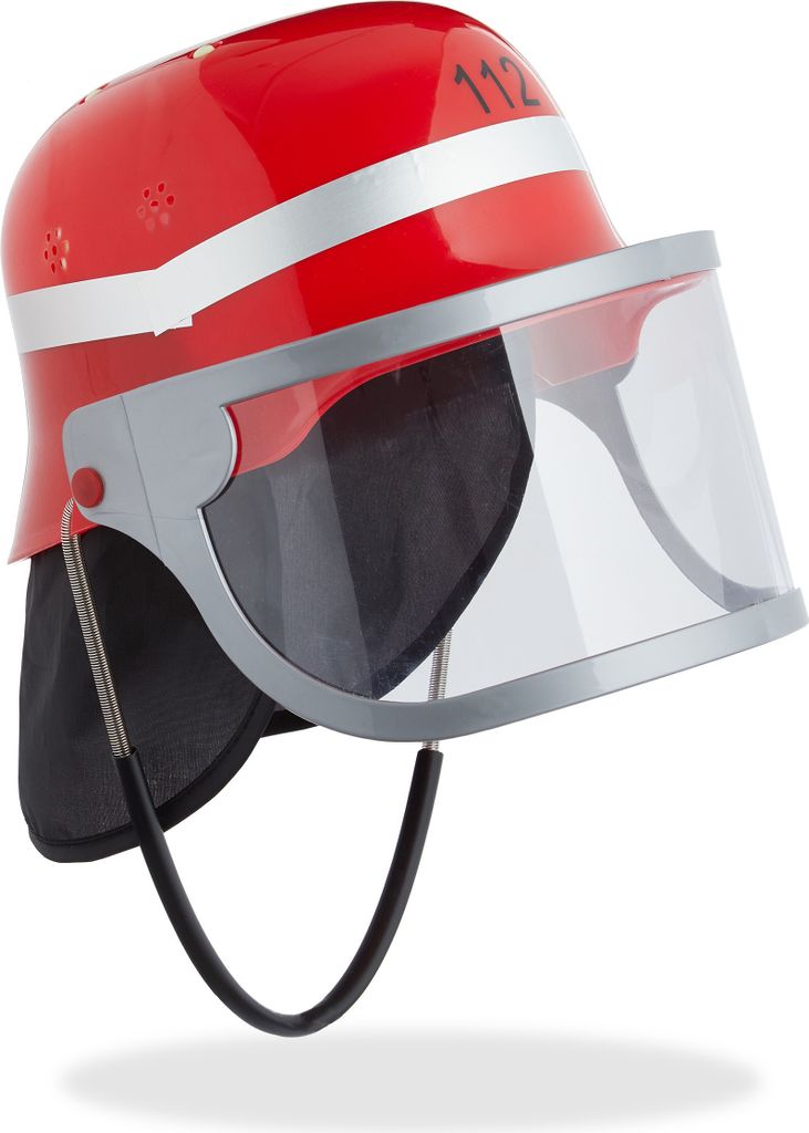 Relaxdays Feuerwehrhelm Kinder, mit Visier, Nackentuch & Produktbild 