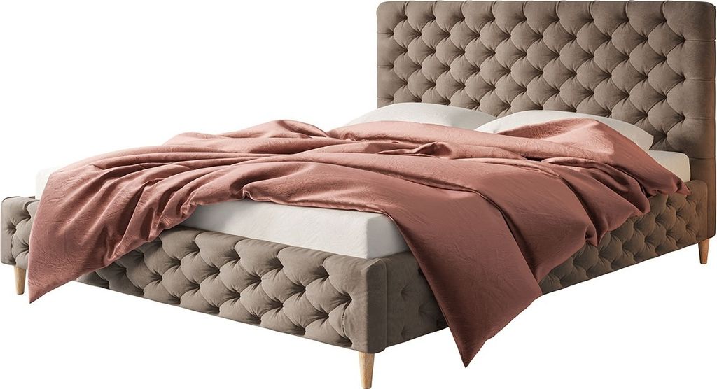 Polsterbett LUX MIAMI mit Kopfteil, 120 x 200 cm, Doppelbett mit Lattenrost aus Holz, Velourstoff Braun, Füße in Farbe: Braun