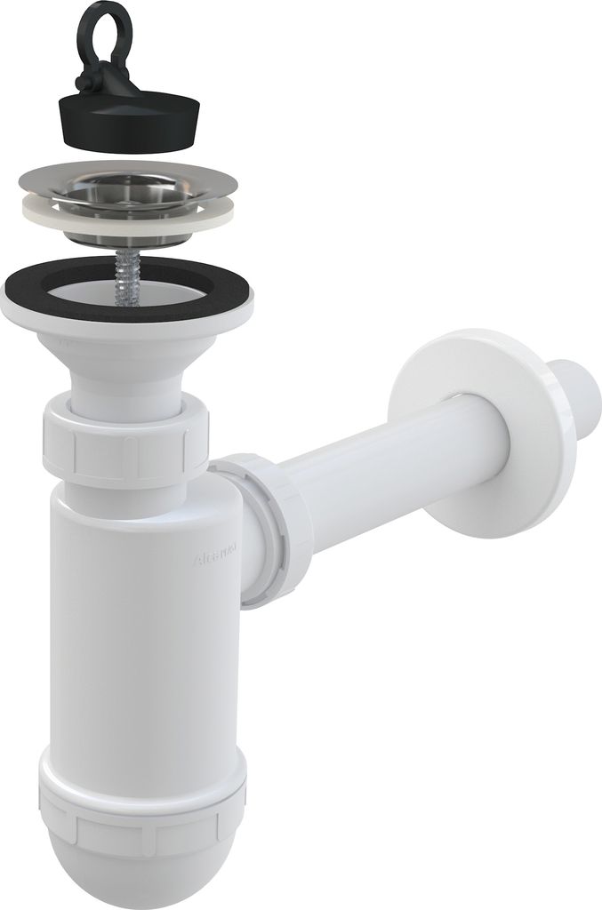 A disassembled view of a white plastic sink siphon with a black rubber stopper and a silver metal strainer.