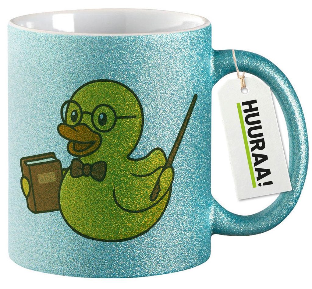 Huuraa Glitzertasse Quietscheente Lehrer Comic Gummiente 330ml Blau Keramik Kaffeebecher Geschenkidee