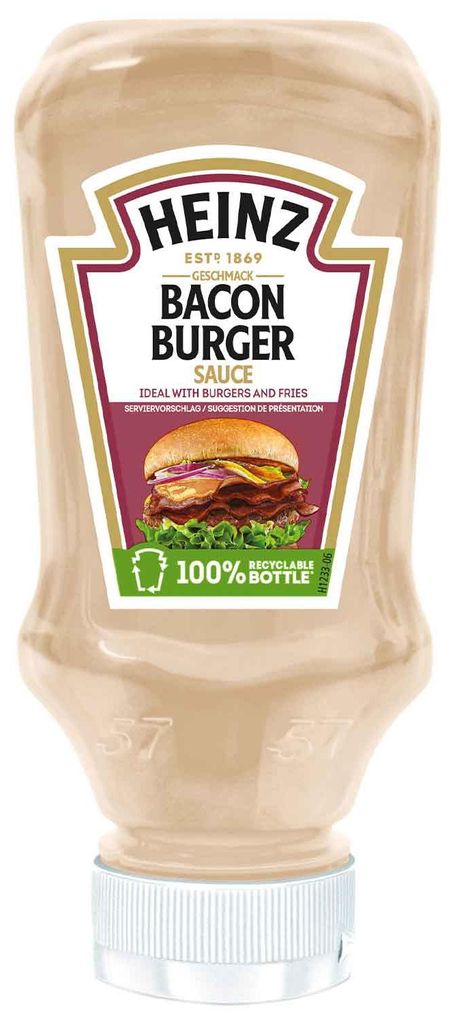 Heinz Bacon Burger Sauce krémová textura obrácená láhev Obrázek produktu 