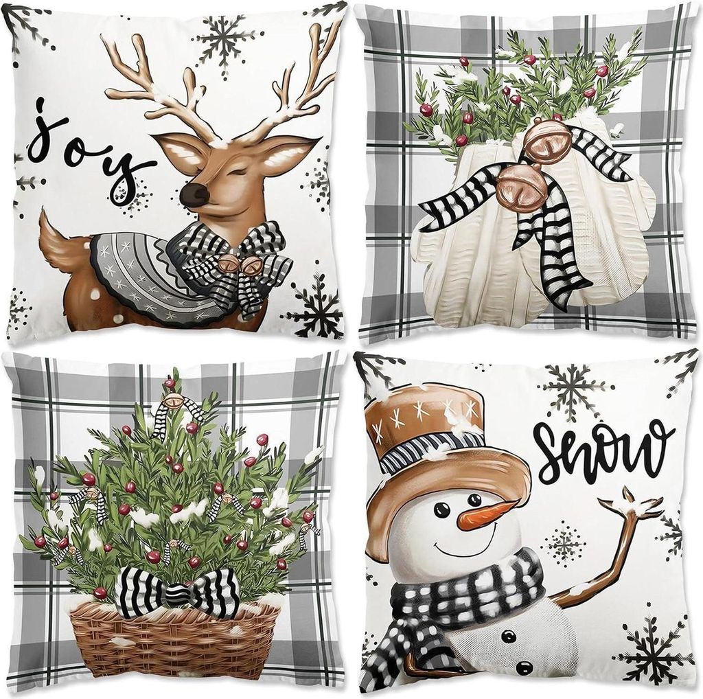 Set di 4 cuscini natalizi con renne 45x45cm bianco grigio Immagine del prodotto 
