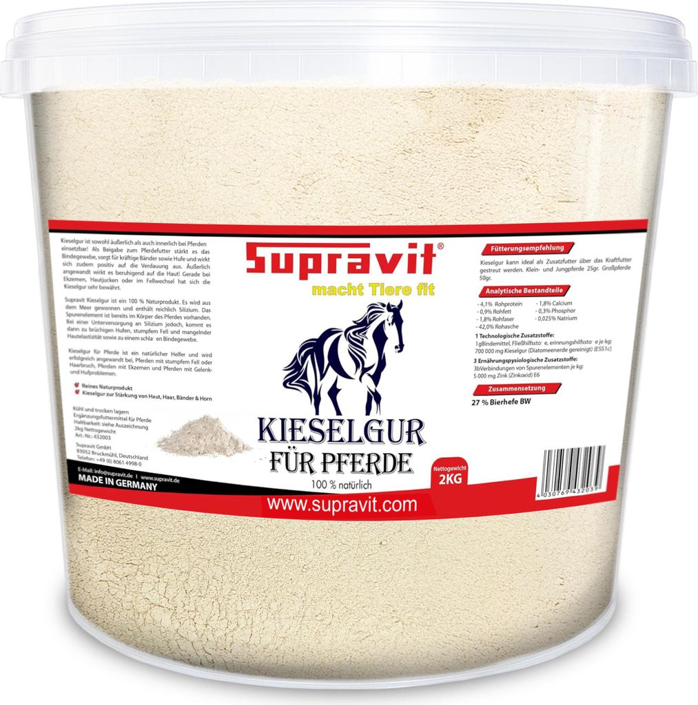 Supravit Kieselgur für Pferde 2 kg | Kieselerde, Siliziumquelle für Pferde – Hochwertiges Diatomeenerde-Pulver | Für Stall & Weide
