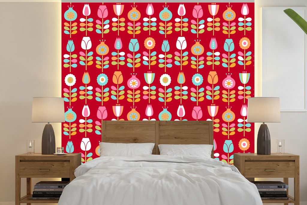 MuchoWow Fototapete für Wohnzimmer oder Schlafzimmer Wandtapete Vinyl Motivtapete Muster - Blumen - Retro - Rot - 240x240 cm - Schlafzimmer-Tapete