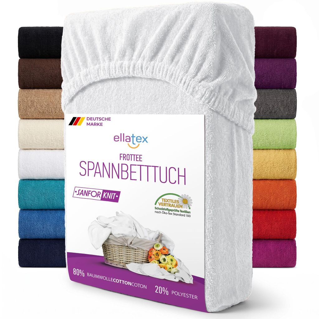 EllaTex Frottee Spannbettlaken 140x200 – 160x200 Baumwolle – weich, warm & elastisch, Spannbetttuch, in Farbe: Weiß