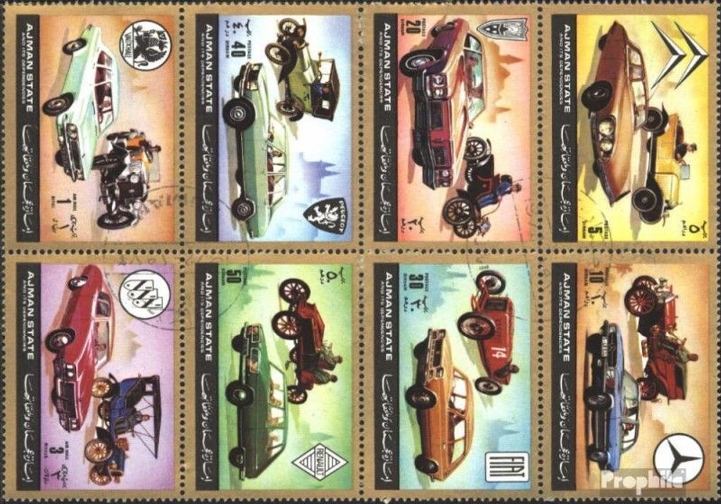 Briefmarken Ajman 1972 Mi 1418-1425 Achterblock A (kompl.Ausg.) gestempelt Automobile einst und jetzt