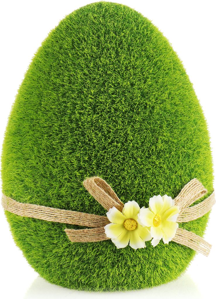 com-four 2x Dekofigur - Osterhase und Osterei mit Schleife und Blumen - grüne Dekofiguren aus Keramik - Hase und Ei mit Kunst-Gras überzogen f...