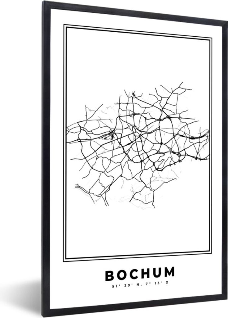 MuchoWow Gerahmtes Poster Deutschland - Bochum - Stadtplan - Karte - Schwarz-Weiß - Karte 20x30 cm - Poster mit Schwarzem Bilderrahmen Wandposte...