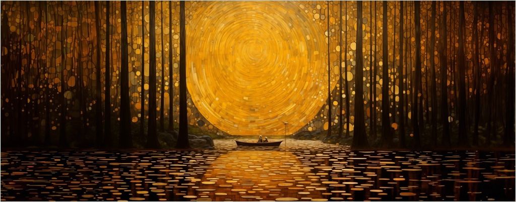 Wallario Wandbild aus Acryl, 200 x 80 cm, freischwebende Optik - Goldene Flussfahrt
