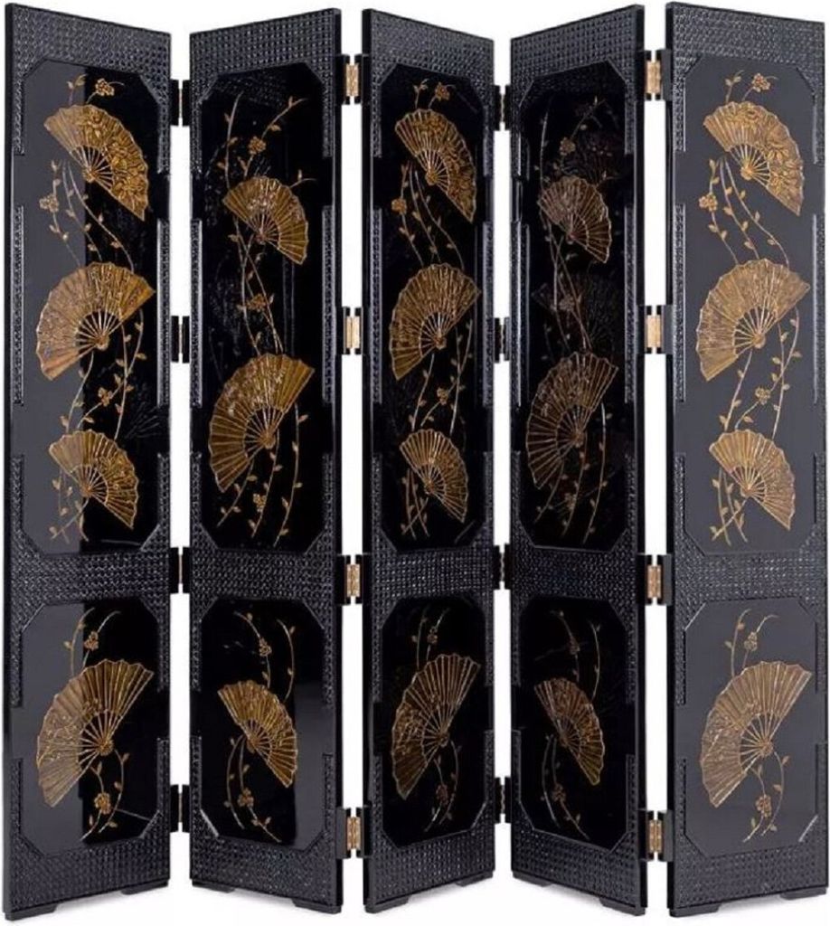Casa Padrino Luxus Raumteiler Schwarz / Gold 220 x 3 x H. 182 cm - Faltbarer Massivholz Paravent im chinesischen Stil - Schlafzimmer Möbel - Hotel...