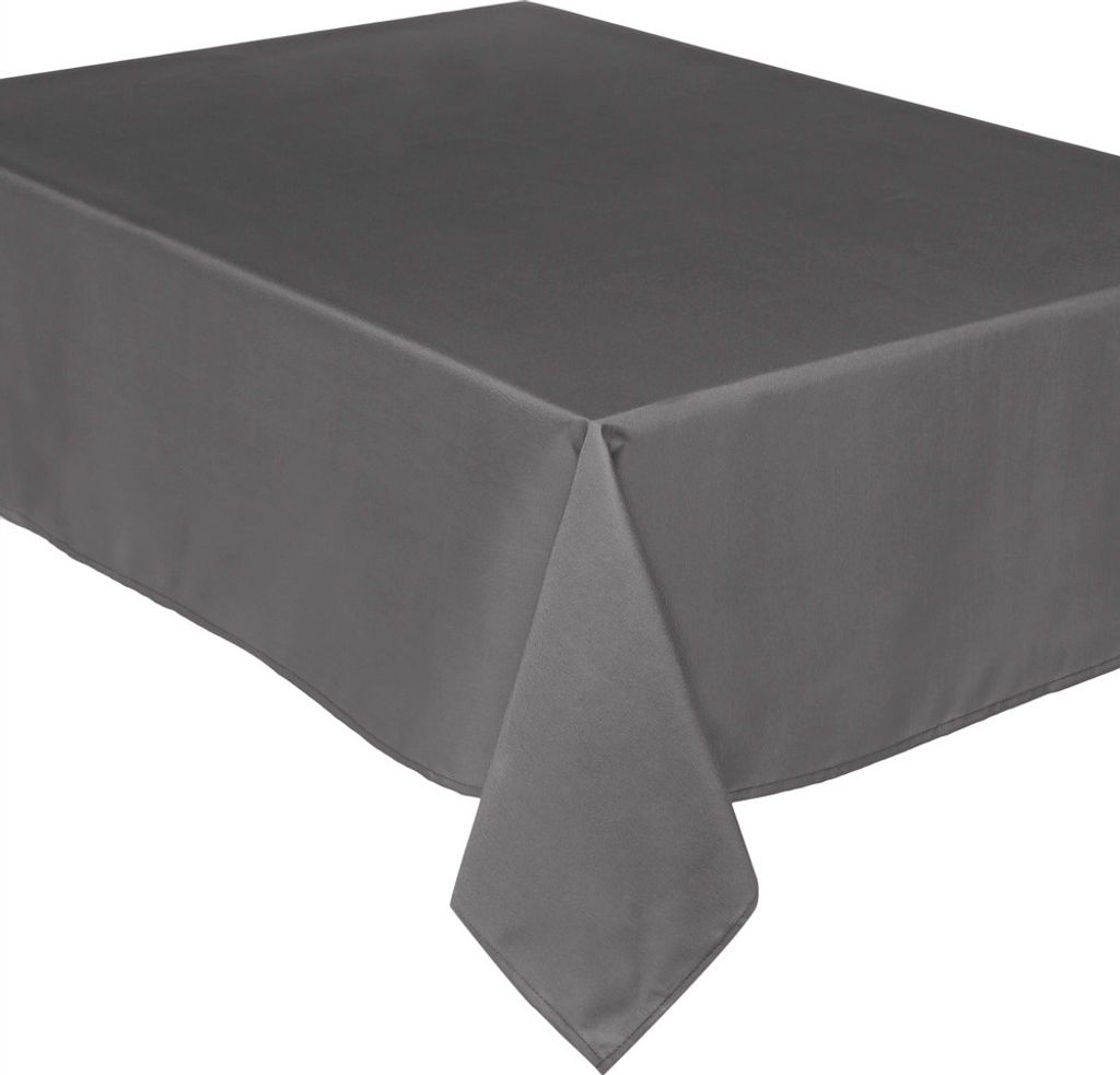 A gray tablecloth is draped over a table, with one corner hanging down.