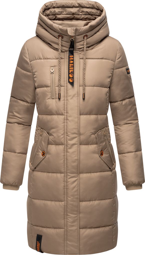 Marikoo Damen Wintermantel warmer Winterjacke Vegan Steppmantel lang mit Kapuze Yuikoo Taupe Grey Gr. 44 - XXL