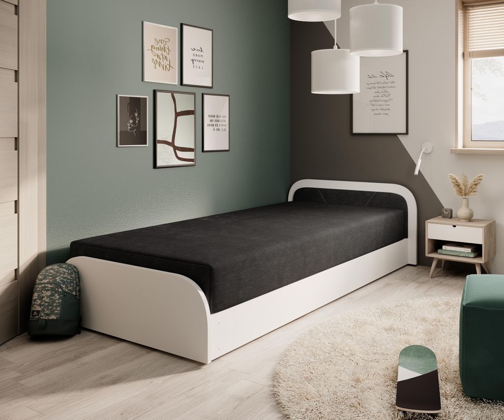 Krudox PARS Jugendbett 80x190 cm Schwarz/Weiss Rechts Polsterbett Einzellbett mit Bettkasten Kopfteil Holzrahmen Kinderbett