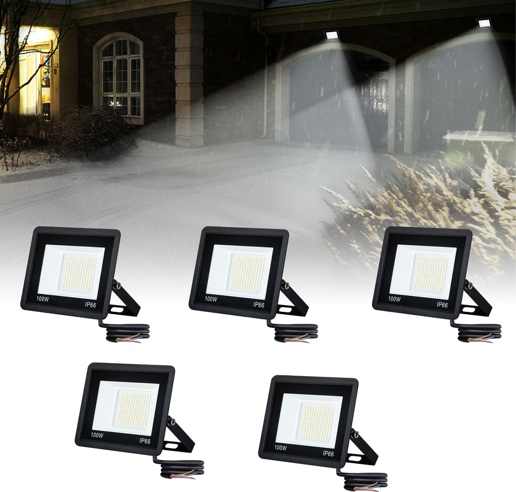 A collage of LED floodlights in front of a house exterior with lights shining.