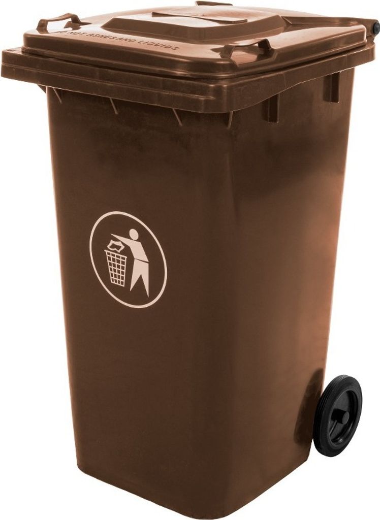 A brown wheeled trash bin on a white background.