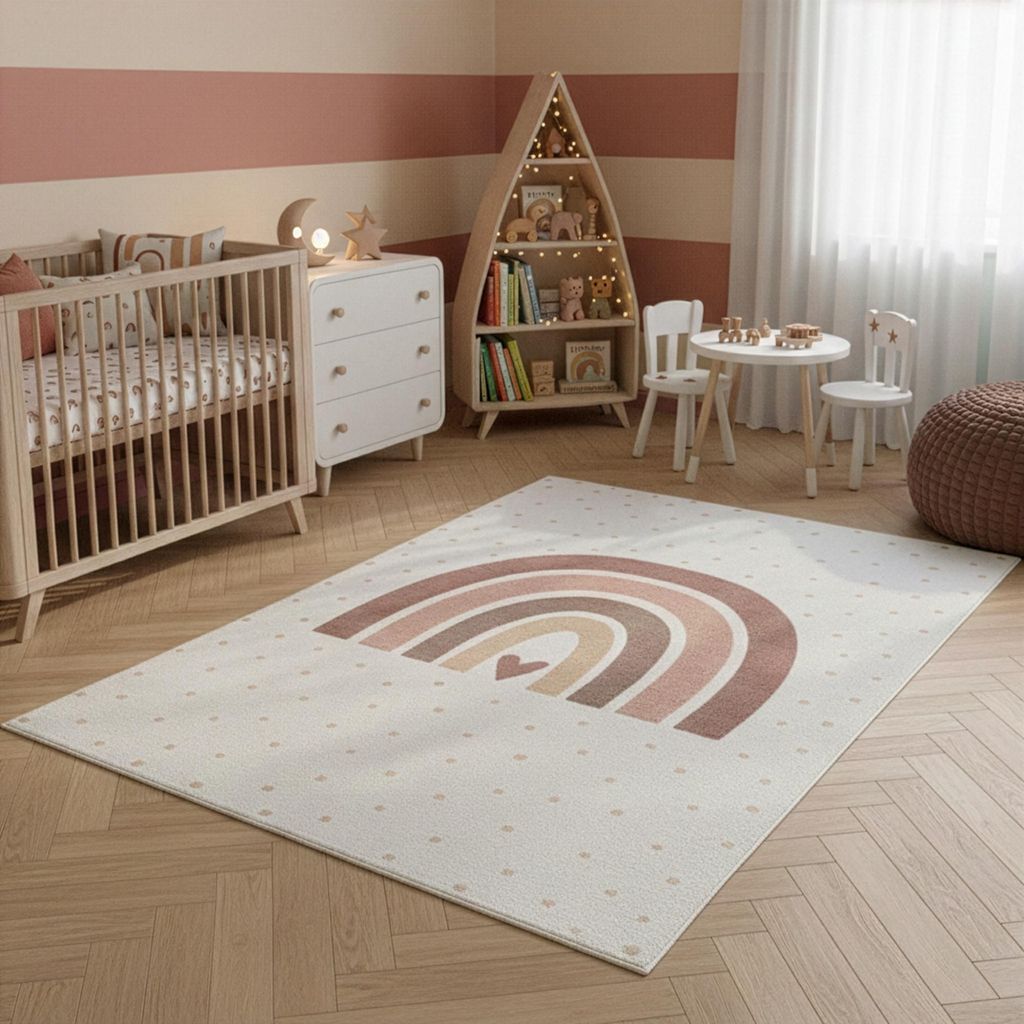 SIMPEX Kinderteppich Regenbogen Spielteppich für Kinderzimmer Herzmotiv fördert Kreativität und Lernen Größe: 200x290 cm , Farbe: Creme-2