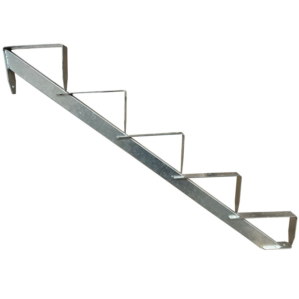 A galvanized metal stair stringer with five steps, shown against a white background.